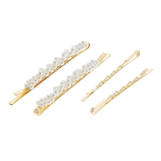 Goldene Haarspangen Perlen und Z&ouml;pfe x 4